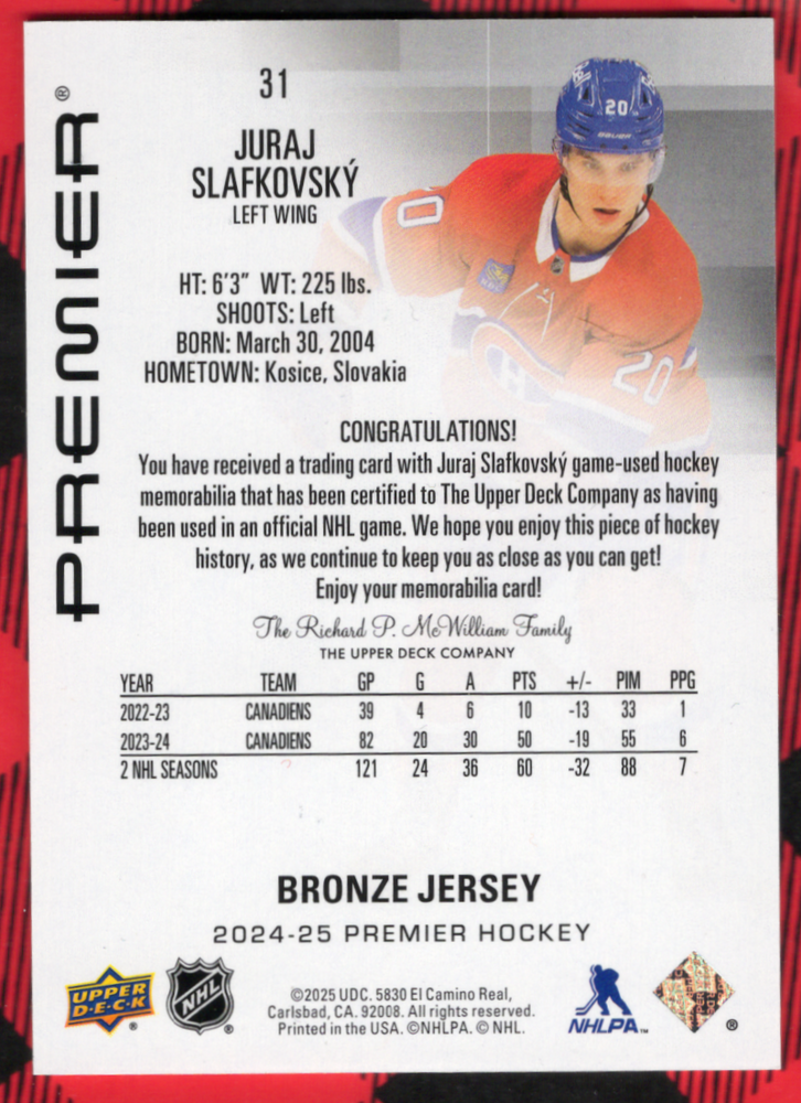 2024-25 Upper Deck Premier Bronze Material #31 Juraj Slafkovsky