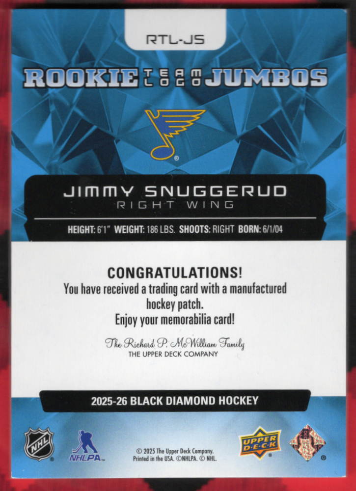 2025-26 Upper Deck Black Diamond Team Logo Jumbos Rtl-Js Rookie Rc Jimmy Snuggerud