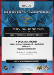 2025-26 Upper Deck Black Diamond Team Logo Jumbos Rtl-Js Rookie Rc Jimmy Snuggerud