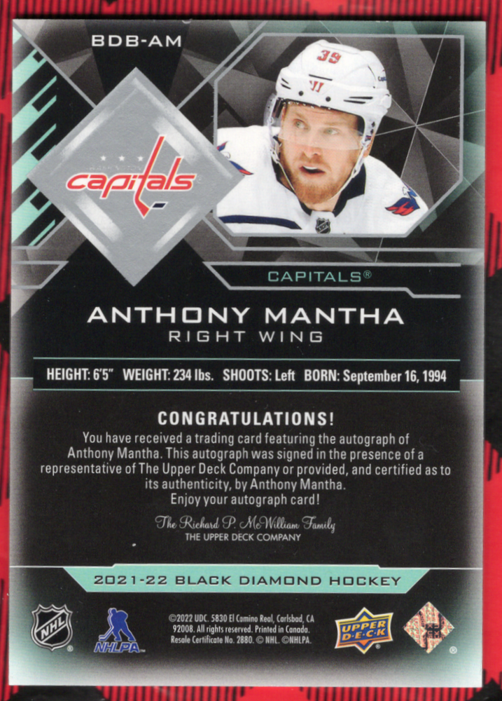 2021-22 Upper Deck Black Diamond Authentic Autograph Bdb-Am Auto Anthony Mantha /99