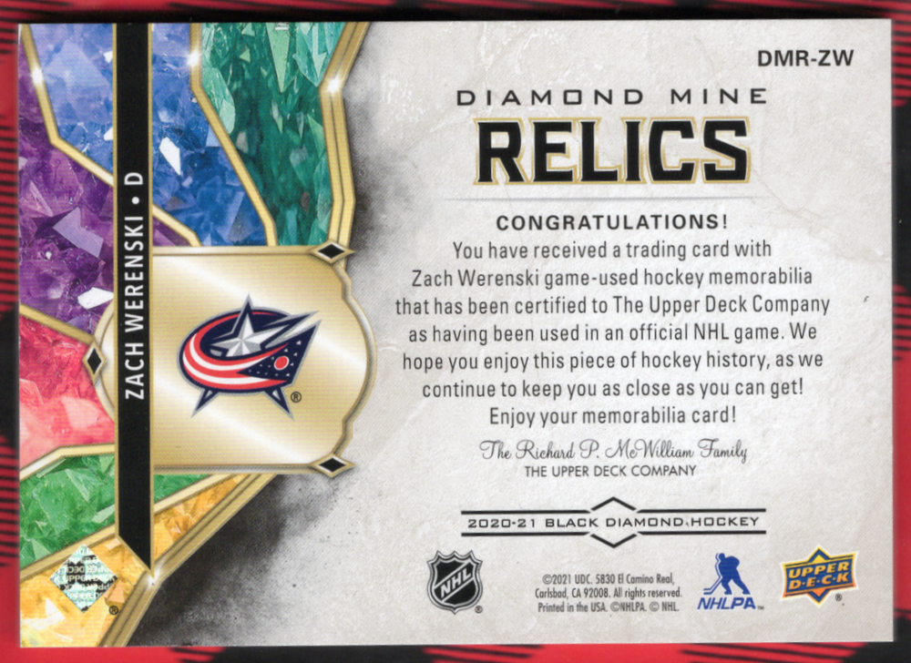 2020-21 Upper Deck Black Diamond Diamond Mine Relics Dmr-Zw Zach Werenski /25