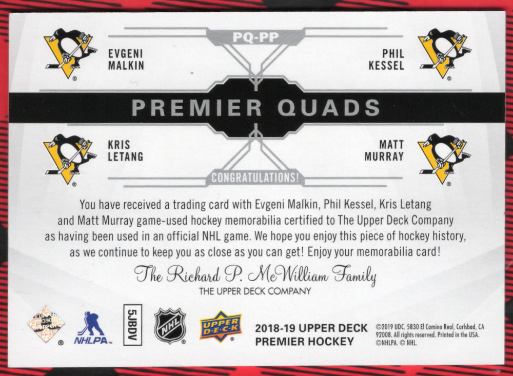2018-19 Upper Deck Premier Premier Quads Pq-Pp Evgeni Malkin Phil Kessel Kris Letang Matt Murray /49