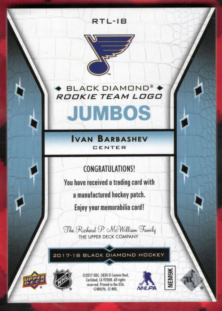 2017-18 Upper Deck Black Diamond Rookie Team Logo Jumbos Rtl-Ib Rookie Rc Ivan Barbashev