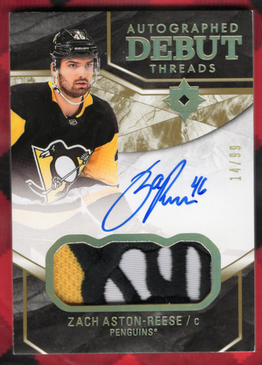 2018-19 Upper Deck Ultimate Collection Autographed Debut Threads Dta-Zr Rookie Rc Auto Zach Aston-Reese /99