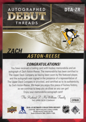 2018-19 Upper Deck Ultimate Collection Autographed Debut Threads Dta-Zr Rookie Rc Auto Zach Aston-Reese /99