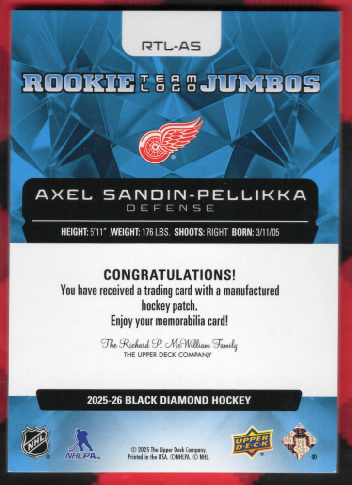 2025-26 Upper Deck Black Diamond Rookie Team Logo Jumbos Rtl-As Rookie Rc Axel Sandin-Pellikka