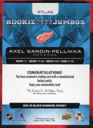 2025-26 Upper Deck Black Diamond Rookie Team Logo Jumbos Rtl-As Rookie Rc Axel Sandin-Pellikka