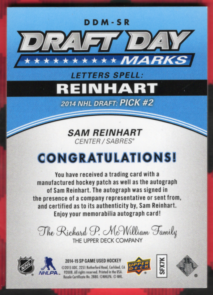 2014-15 Upper Deck Sp Game Used Draft Day Marks Ddm-Sr Rookie Rc Sam Reinhart /35