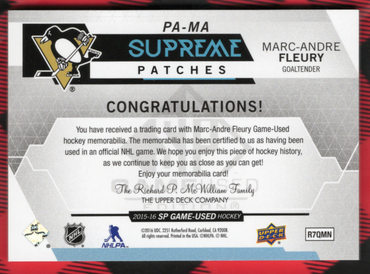 2015-16 Upper Deck Sp Game Used Supreme Patches Pa-Ma Marc-Andre Fleury /15