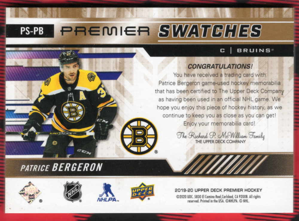 2019-20 Upper Deck Premier Premier Swatches Ps-Pb Patrice Bergeron /25