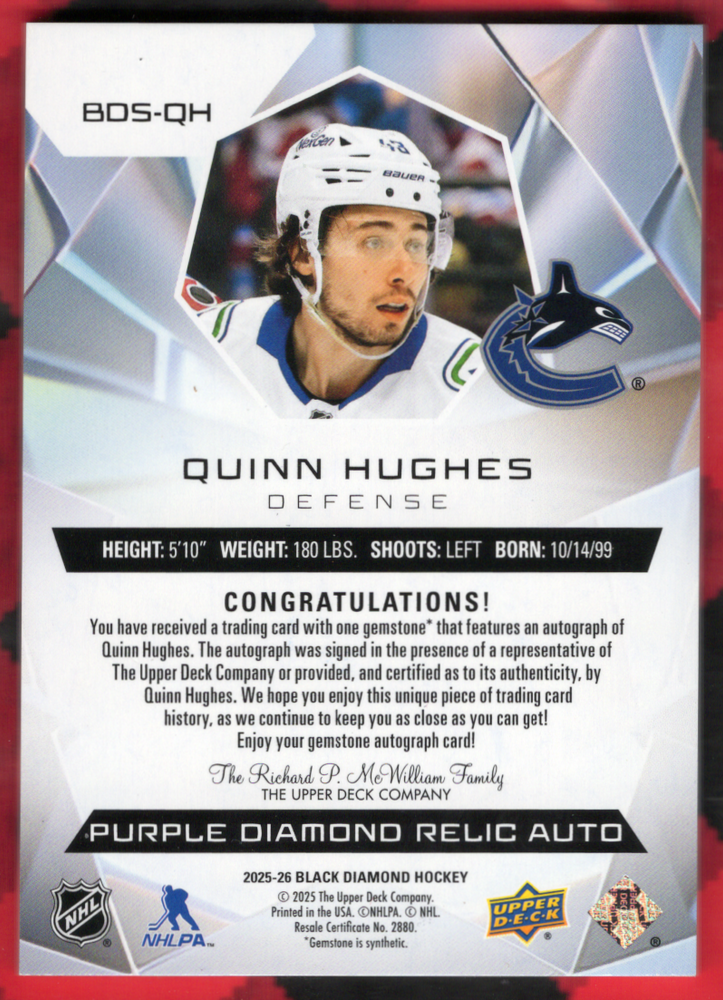 2025-26 Upper Deck Black Diamond Diamond Stars Bds-Qh Auto Quinn Hughes /10