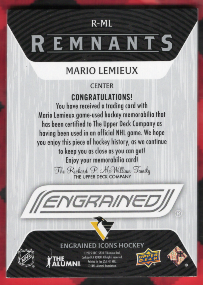 2025 Upper Deck Engrained Icons Remnants R-Ml Mario Lemieux /49