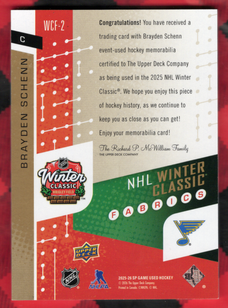 2025-26 Upper Deck Sp Game Used Nhl Winter Classic Wcf-2 Brayden Schenn /35