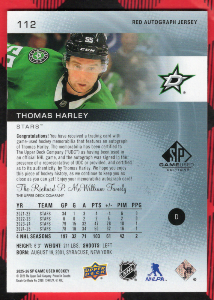 2025-26 Upper Deck Sp Game Used Red Autograph Jersey #112 Auto Thomas Harley /149