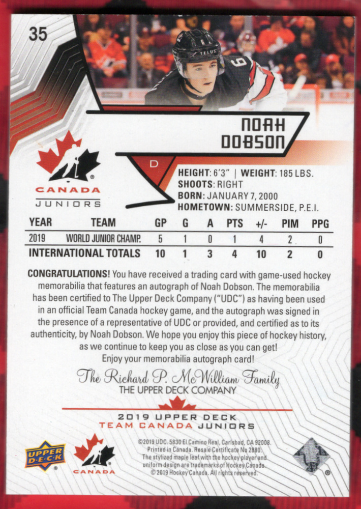 2019 Upper Deck Team Canada Juniors Patch Auto #35 Auto Noah Dobson /199