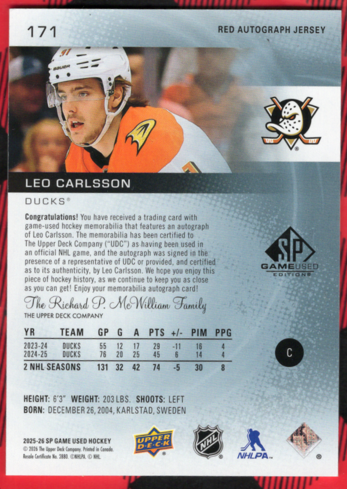 2025-26 Upper Deck Sp Game Used Red Autograph Jersey #171 Auto Leo Carlsson (99)/99