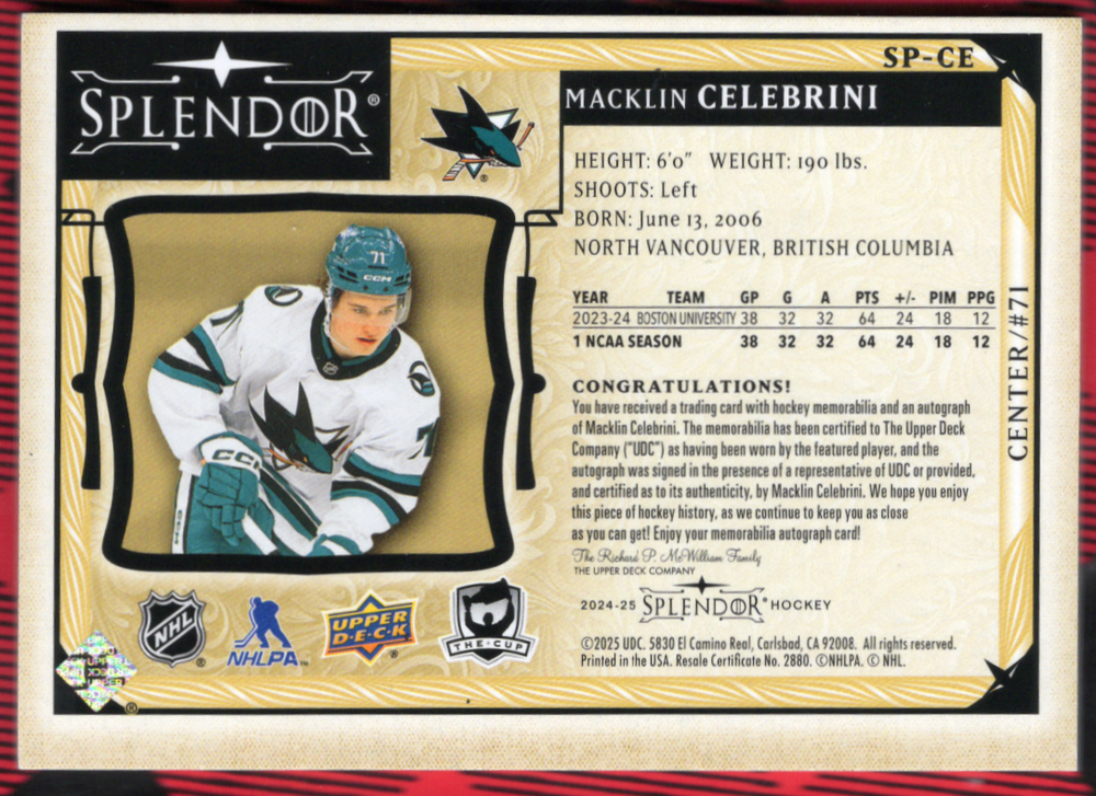 2024-25 Upper Deck Splendor Rookie Patch Auto Sp-Ce Rookie Rc Auto Macklin Celebrini /36