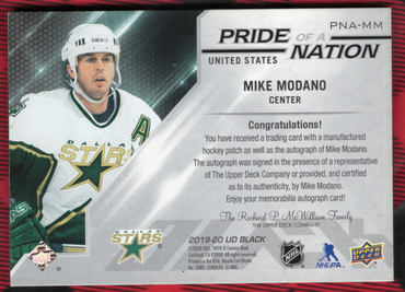 2019-20 Upper Deck Ud Black Pride Of A Nation Pna-Mm Auto Mike Modano /99