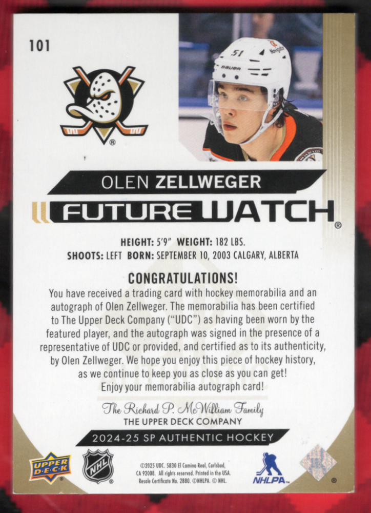 2024-25 Upper Deck Sp Authentic Future Watch Patch Auto #101 Rookie Rc Auto Olen Zellweger /50
