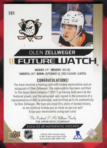2024-25 Upper Deck Sp Authentic Future Watch Patch Auto #101 Rookie Rc Auto Olen Zellweger /50