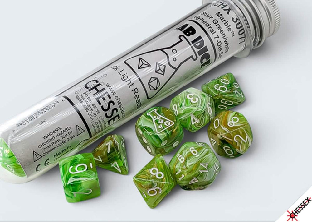 MARBLE 7-DICE SET POLYHEDRAL SOUR GREEN/WHITE