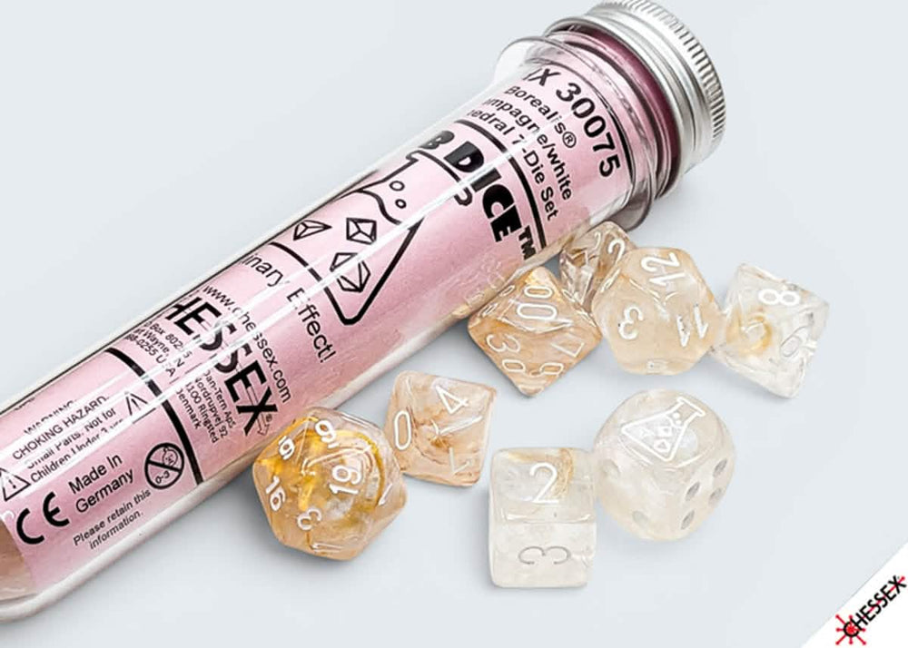 BOREALIS 7-DICE SET POLYHEDRAL CHAMPAGNE/WHITE