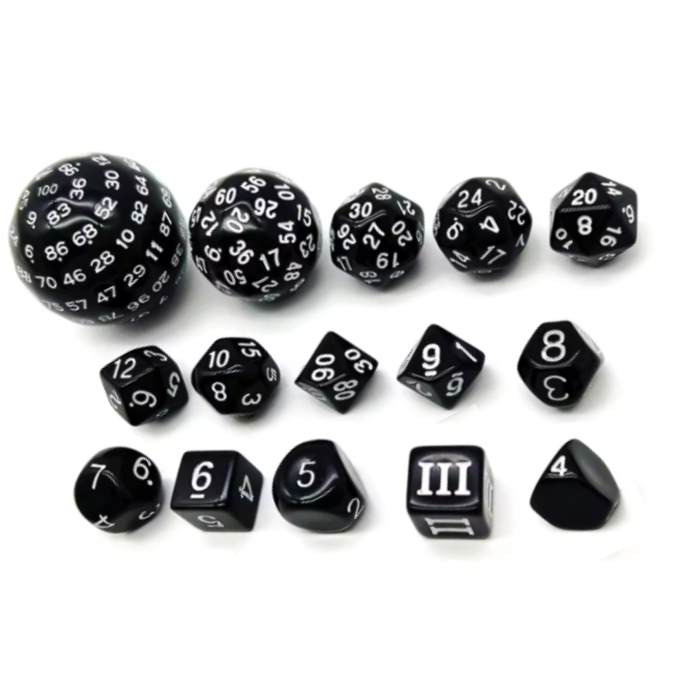 Dice of Fate: D3-D100 Black and White Acrylic Dice Sets 15 Pieces