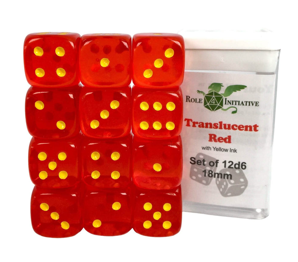 SET OF 12D6 PIPS DICE: TRANSLUCENT RED/YELLOW 18MM