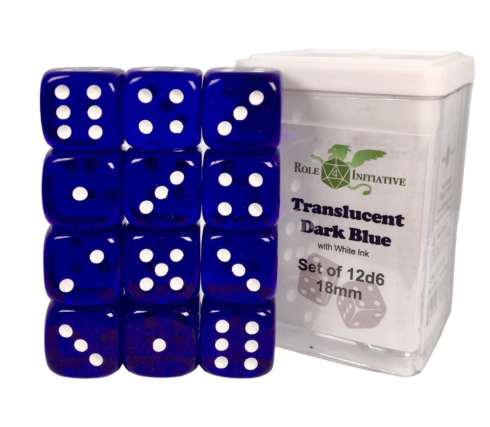 SET OF 12D6 PIPS DICE: TRANSLUCENT BLUE/WHITE 18MM