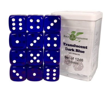 SET OF 12D6 PIPS DICE: TRANSLUCENT BLUE/WHITE 18MM