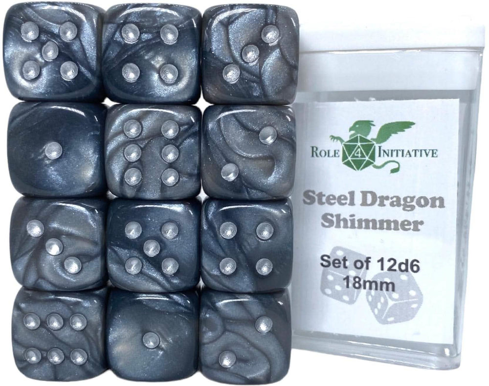 SET OF 12D6 PIPS DICE: STEEL DRAGON SHIMMER 18MM