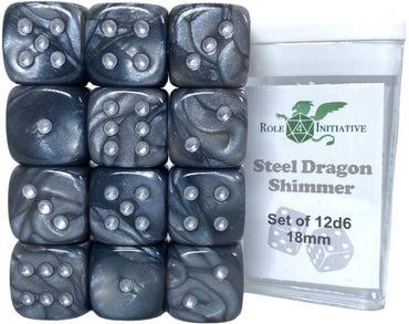SET OF 12D6 PIPS DICE: STEEL DRAGON SHIMMER 18MM